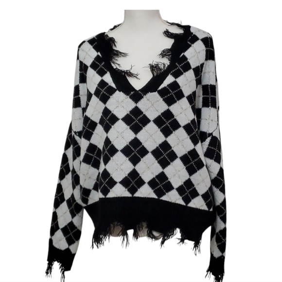just polly Sweaters - Just Polly Black and White Frayed Distressed Fringe Sweater, Size Large